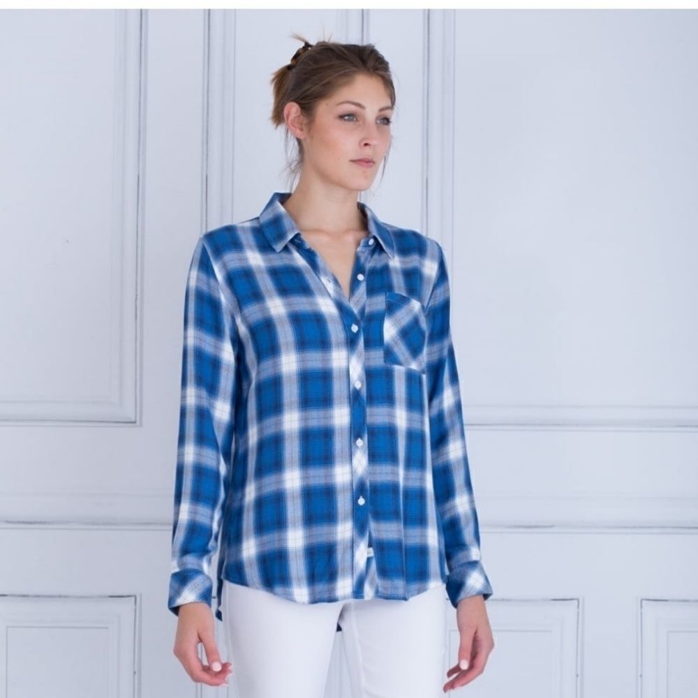 Rails mykonos blue plaid button down top Sz small